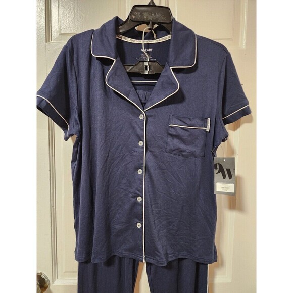 Nine West Women's Navy Short Sleeve With Pants Sleepwear Set Button Down Pajama - Picture 2 of 11
